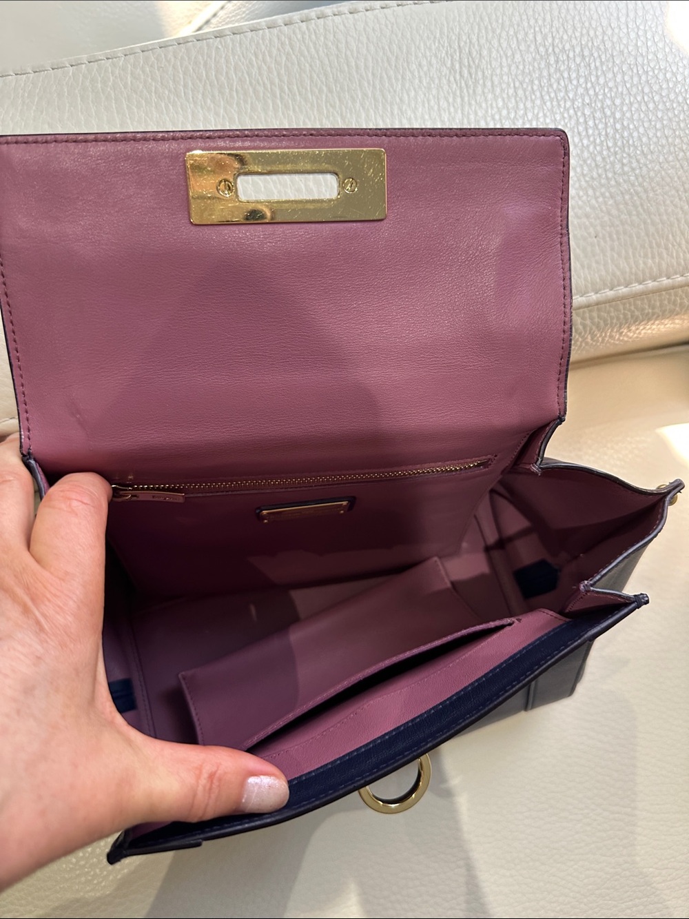 Salvatore Ferragamo Sofia Small Satchel in navy blue with gold-tone hardware. - Picture 8 of 11